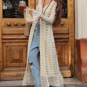 Open Knit Pointelle Bell Sleeve Long Duster Cardigan